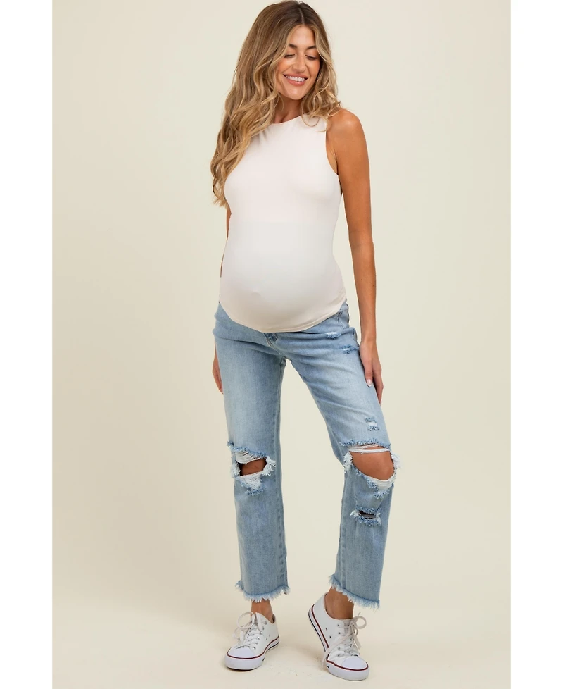Pinkblush Maternity Light Blue Ripped Knee Fringe Hem Straight Leg Ankle Jeans