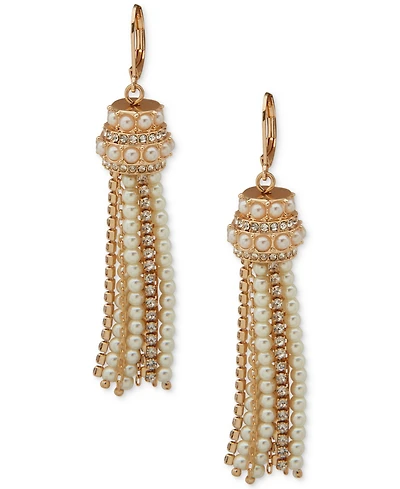 Anne Klein Imitation Pearl and Glass Stone Gold-Tone Tassel Linear Earrings