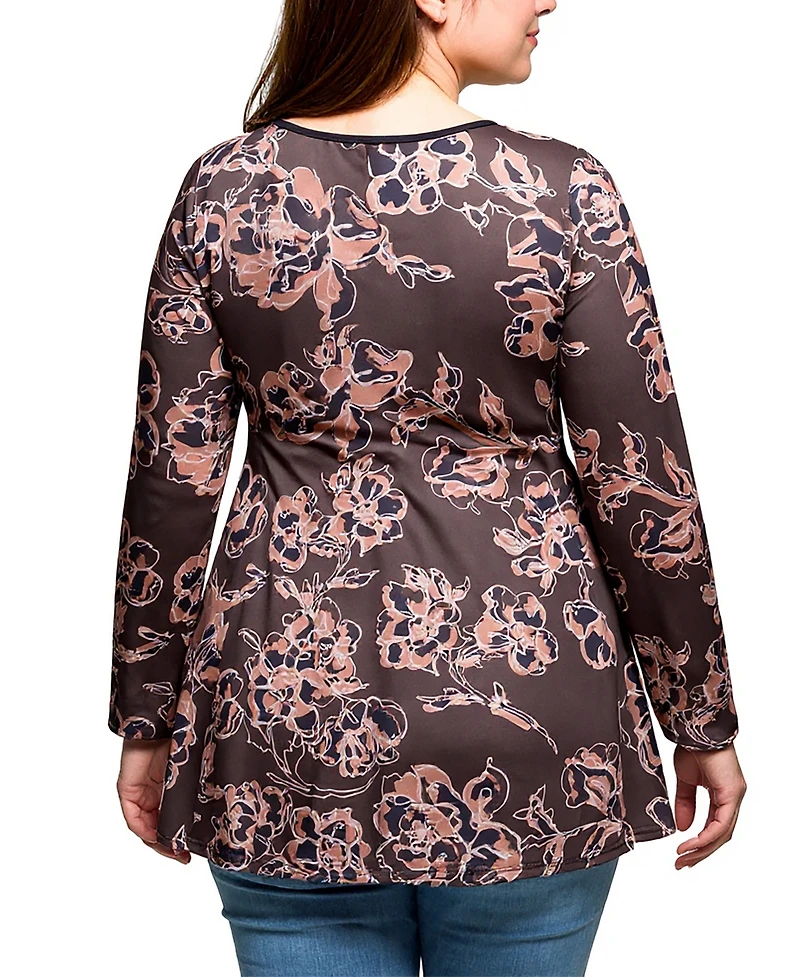 24seven Comfort Apparel Plus Brown Floral Print Long Sleeve Tunic Top