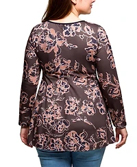 24seven Comfort Apparel Plus Brown Floral Print Long Sleeve Tunic Top