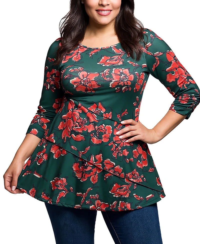 24seven Comfort Apparel Plus Green Floral Print Three Quarter Sleeve Tunic Top