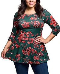 24seven Comfort Apparel Plus Green Floral Print Three Quarter Sleeve Tunic Top