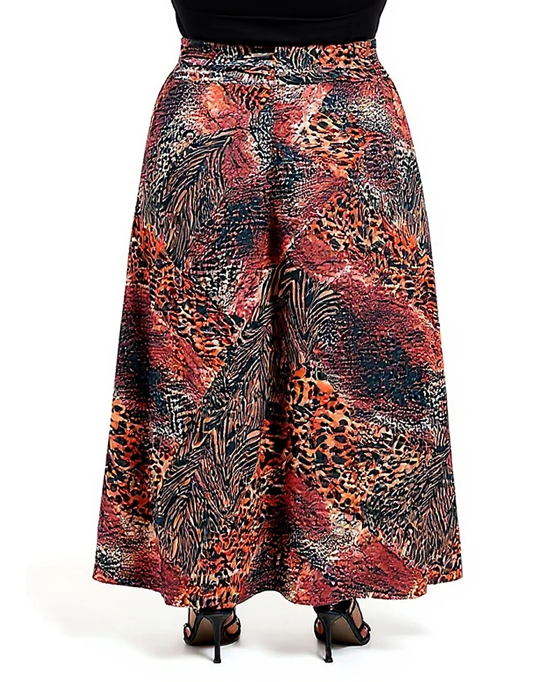 24seven Comfort Apparel Plus Brown Animal Patchwork Print Maxi Skirts