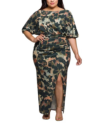 24seven Comfort Apparel Plus Green Abstract Print Batwing Sleeve Maxi Dress