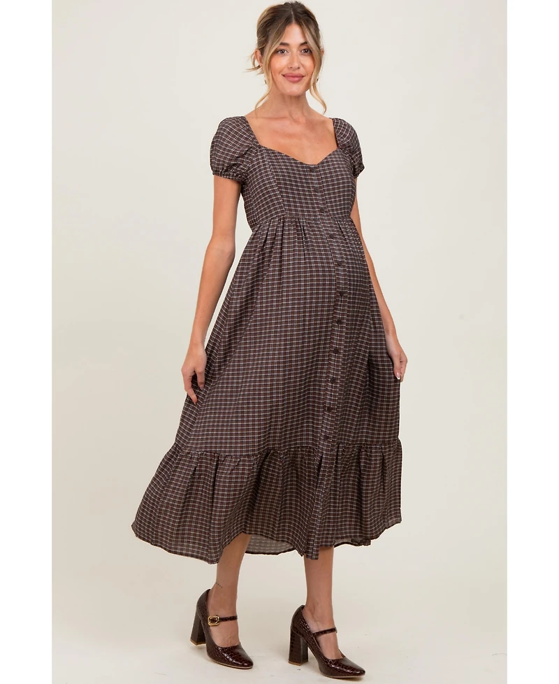 Pinkblush Maternity Brown Plaid Puff Sleeve Button Down Maxi Dress