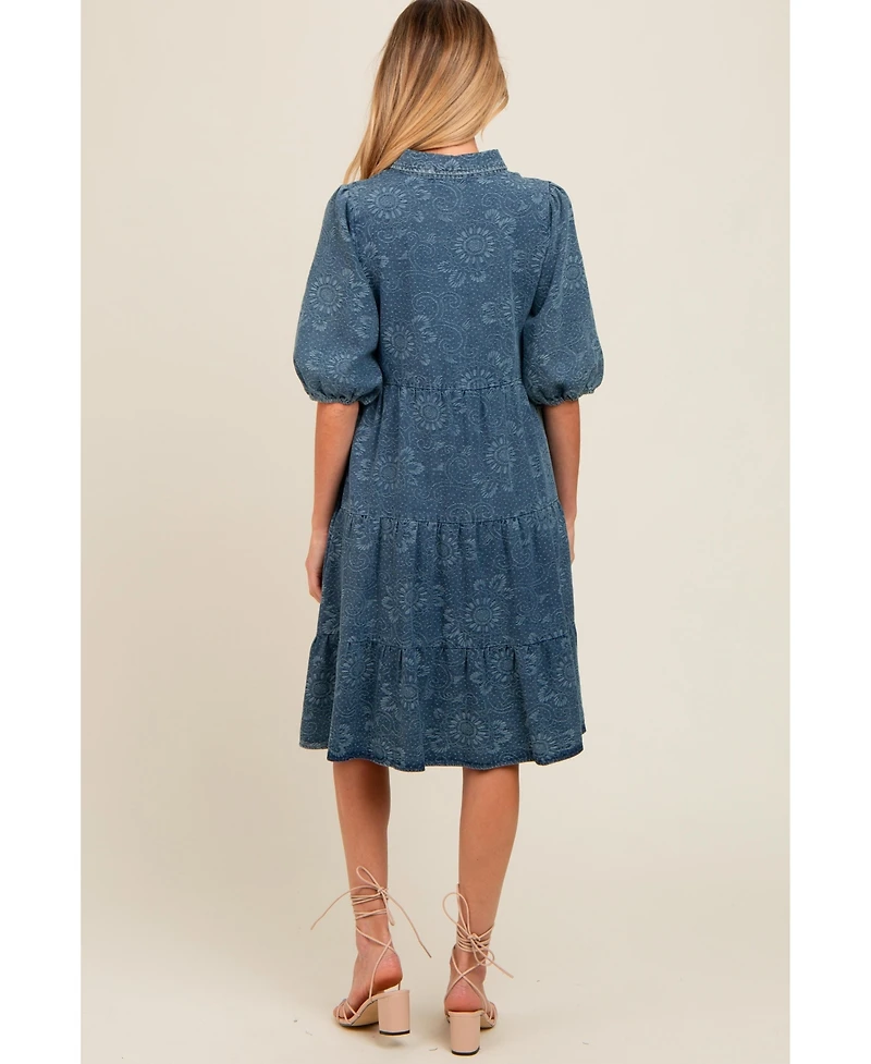 Pinkblush Maternity Blue Denim Button Front Short Puff Sleeve Dress