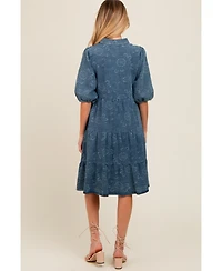 Pinkblush Maternity Blue Denim Button Front Short Puff Sleeve Dress