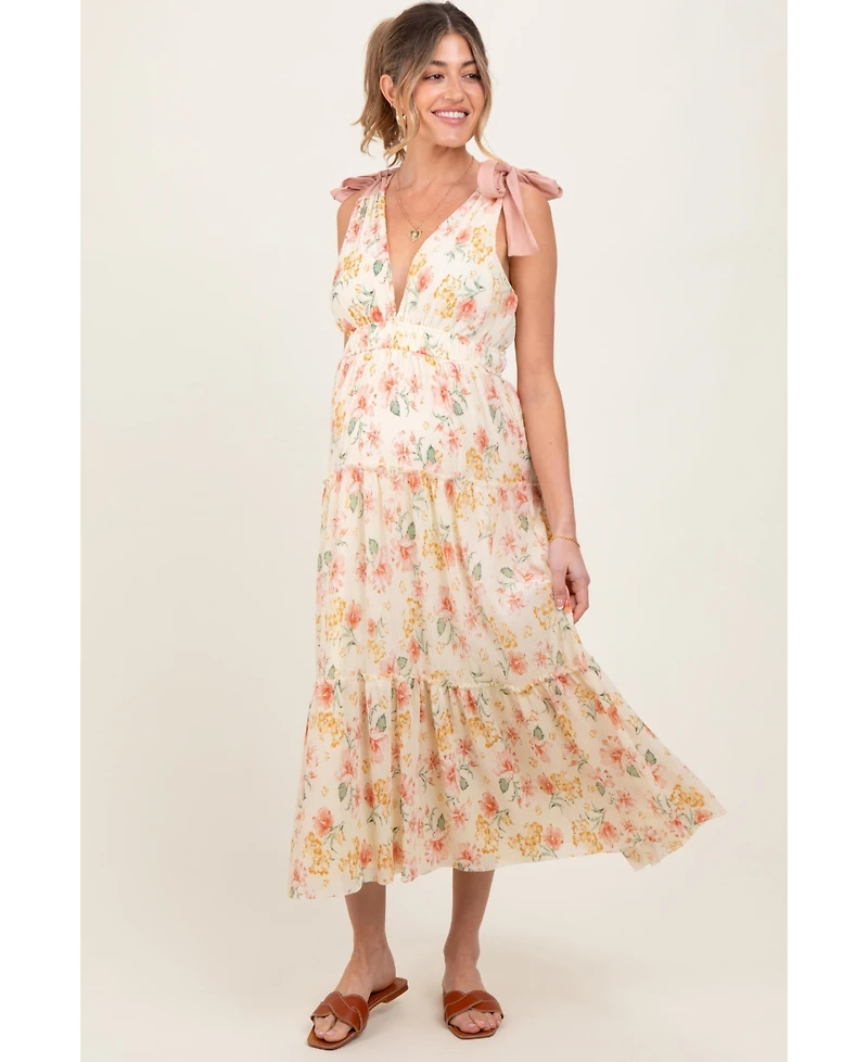 Pinkblush Maternity Cream Floral Shoulder Tie Deep V-Neck Tiered Maxi Dress