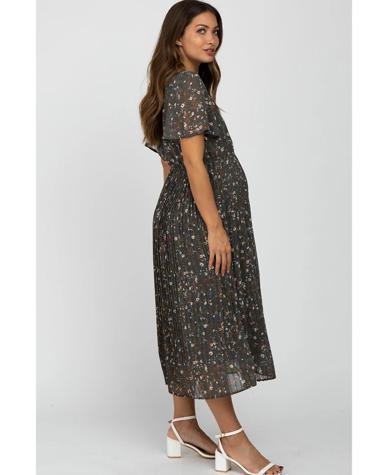 Pinkblush Maternity Teal Floral Pleated Chiffon Midi Dress