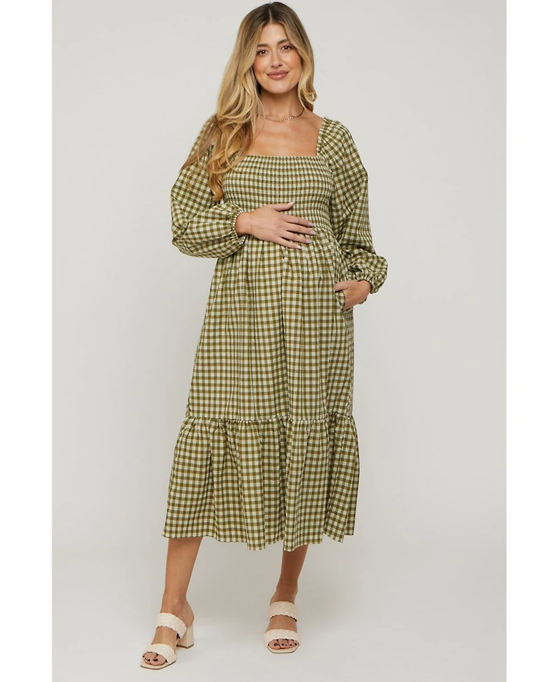 Pinkblush Maternity Olive Gingham Long Sleeve Midi Dress
