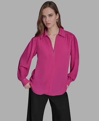 Bcbg Women's Long Sleeve Embellish Trim Top