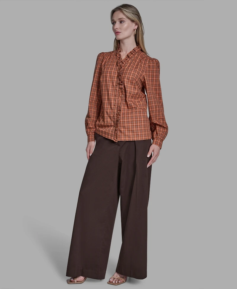 Bcbg Women's Plaid Button Placket V-Neck Top