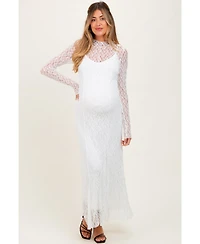 Pinkblush Maternity White Lace Mock Neck Long Sleeve Maxi Dress