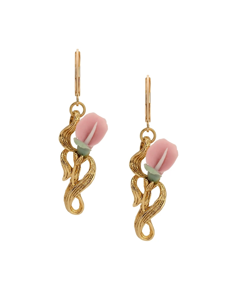 2028 Gold Tone Pink Flower Drop Earrings