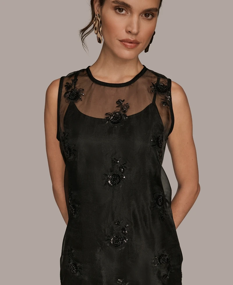 Donna Karan New York Women's Embroidered Sequin Slip Sleeveless Dress