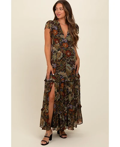 Pinkblush Maternity Black Floral Deep V-Neck Tiered Maxi Dress