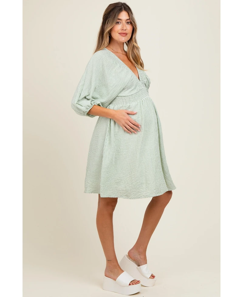 Pinkblush Maternity Sage Striped Balloon Sleeve V-Neck Dress