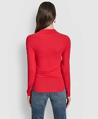 Dkny Jeans Women's Side Ruched High Neck Long Sleeve Top With Rhinestud Logo