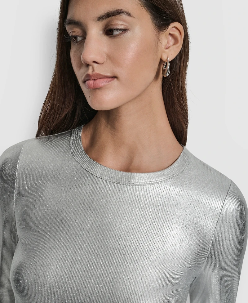 Dkny Jeans Women's Foil Rib Crewneck Long Sleeves Top