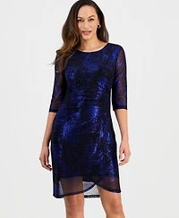 Connected Petite Sparkle Mesh 3/4-Sleeve Sheath Dress