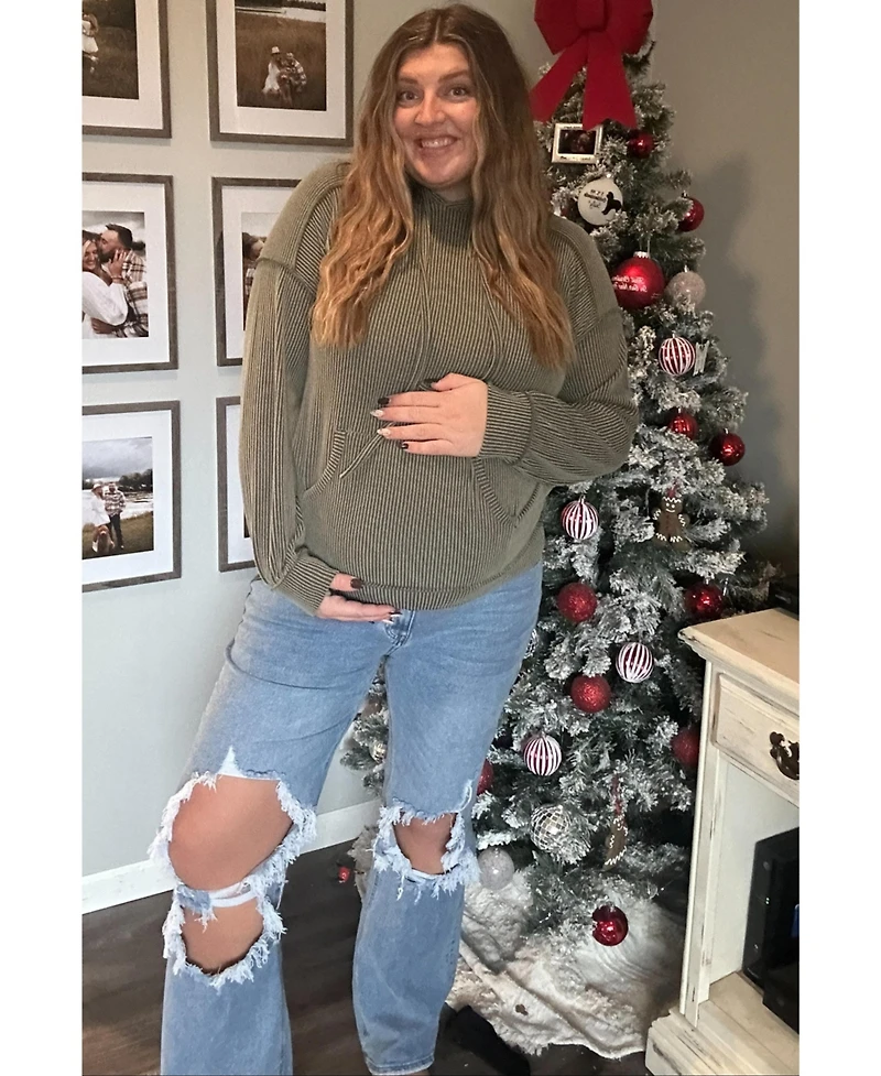 Pinkblush Maternity Olive Ribbed Front Pocket Drawstring Hoodie