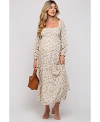 Pinkblush Maternity Cream Floral Smocked Long Sleeve Maxi Dress