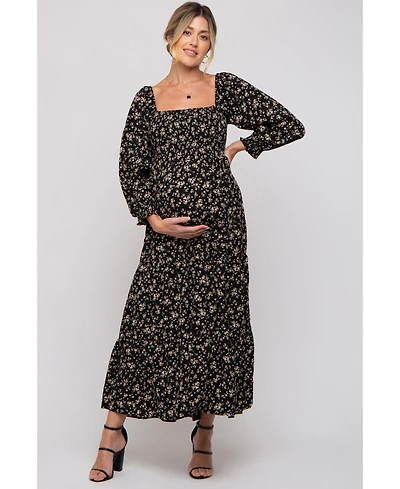 Pinkblush Maternity Cream Floral Smocked Long Sleeve Maxi Dress