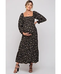 Pinkblush Maternity Cream Floral Smocked Long Sleeve Maxi Dress