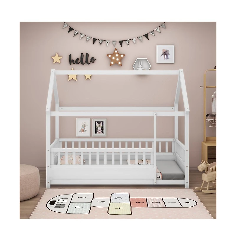 Cesicia Kids Wooden House Floor Bed with Roof & Fence Guardrails Twin Low Profile Play for Boys and Girls