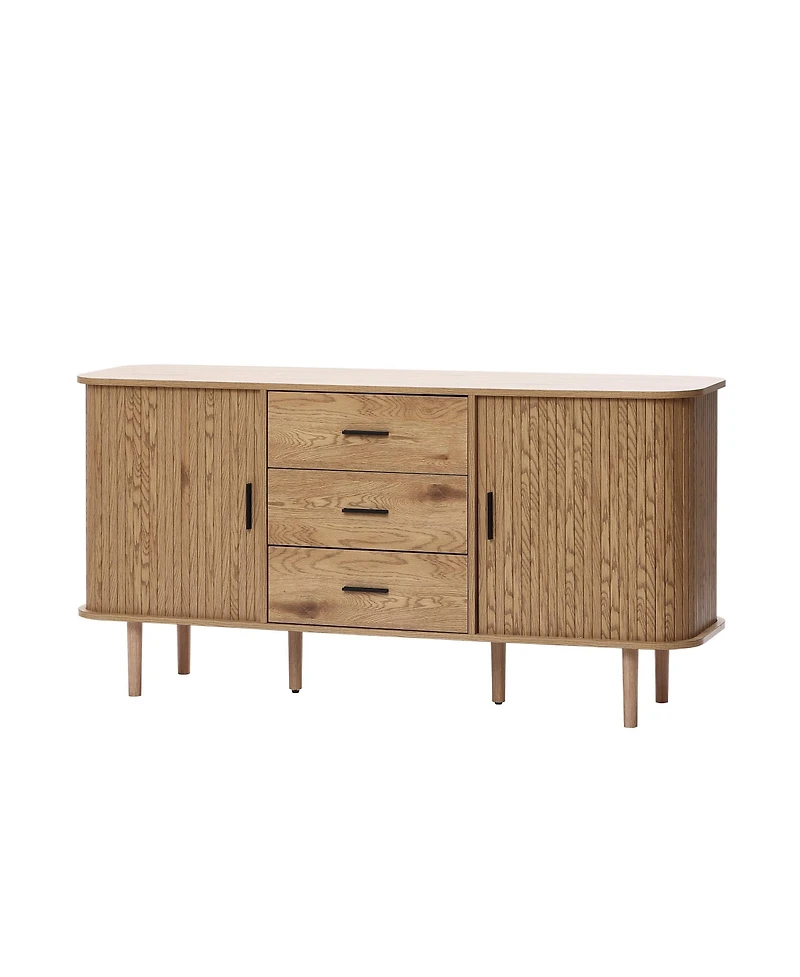LuxenHome Oak Finish Mdf Wood 3-Drawer Sideboard Cabinet with Sliding Doors & Rounded Corners