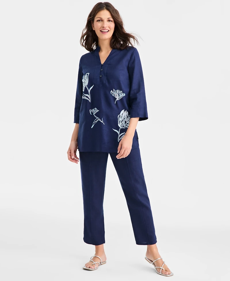 Charter Club Women's 100% Linen Embroidered-Floral 3/4-Sleeve Tunic, Macy's Exclusive