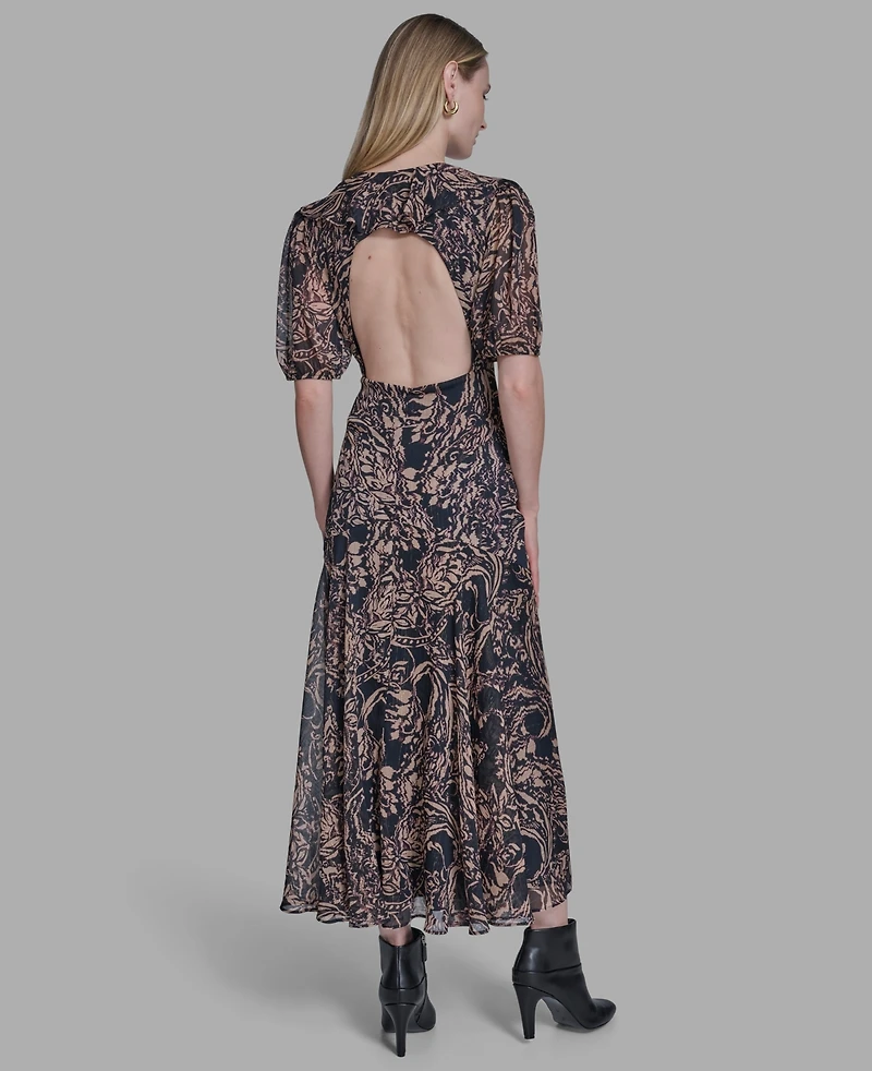 Bcbg Women's Chiffon Puff Sleeve Open-Back Midi Dress