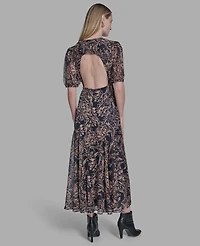Bcbg Women's Chiffon Puff Sleeve Open-Back Midi Dress