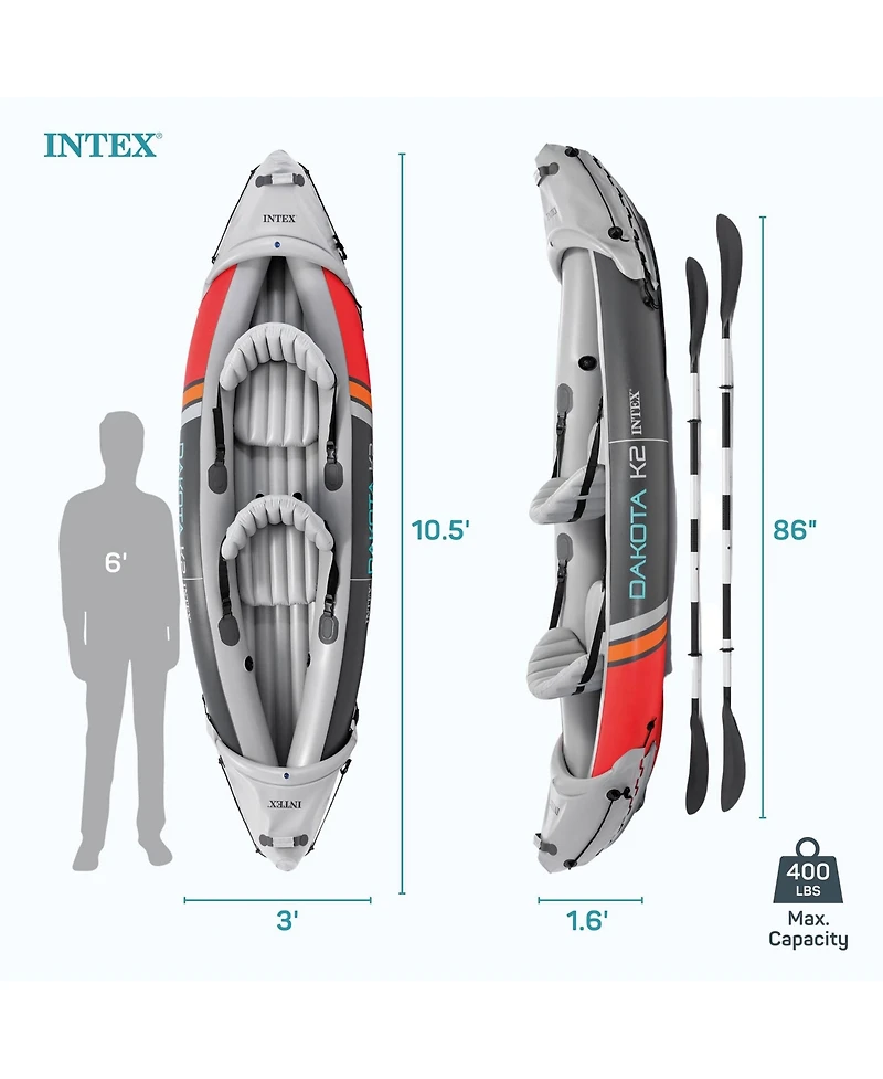 Intex Dakota K2 2 Person Vinyl Inflatable Kayak and Accessory Kit w/ Oars & Pump