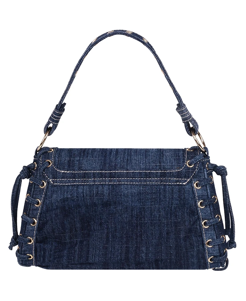 True Religion Studded Horseshoe Eyelet Denim Flap Bag