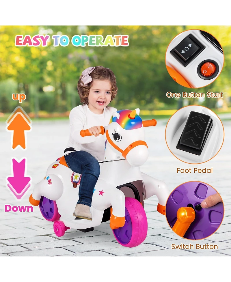 Gymax 12V Kids Ride on Unicorn Toy w/ Training Wheels Music One-button Start & Led Power Display