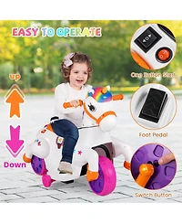 Gymax 12V Kids Ride on Unicorn Toy w/ Training Wheels Music One-button Start & Led Power Display