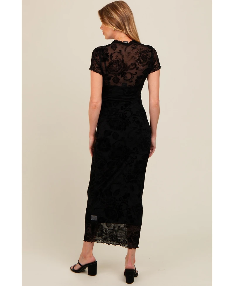 Pinkblush Black Floral Mesh Overlay Fitted Maternity Maxi Dress