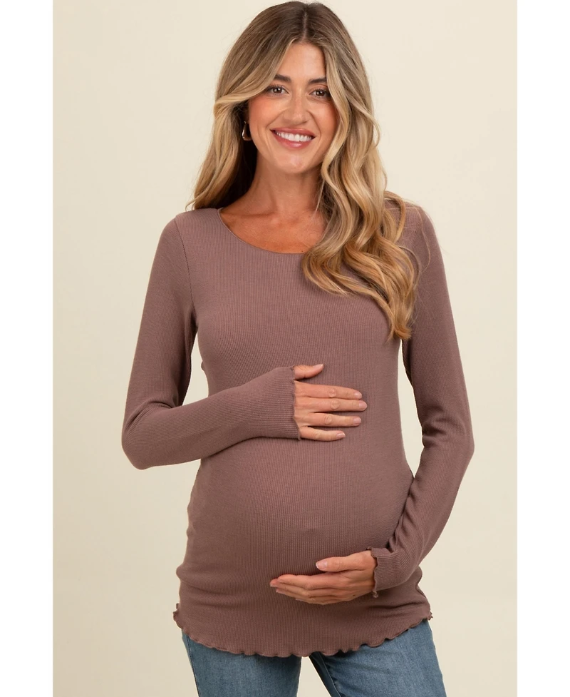 Pinkblush Maternity Brown Ribbed Knit Long Sleeve Lettuce Hem Top