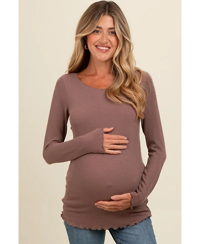 Pinkblush Maternity Brown Ribbed Knit Long Sleeve Lettuce Hem Top
