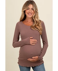 Pinkblush Maternity Brown Ribbed Knit Long Sleeve Lettuce Hem Top