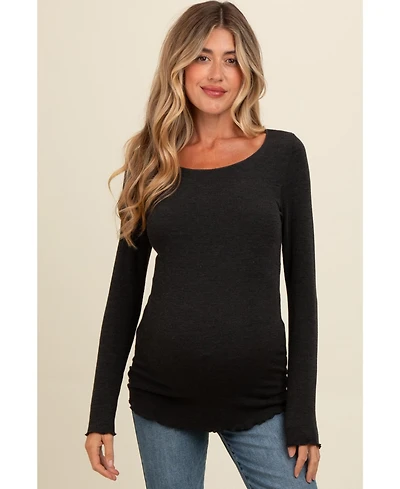 Pinkblush Maternity Brown Ribbed Knit Long Sleeve Lettuce Hem Top