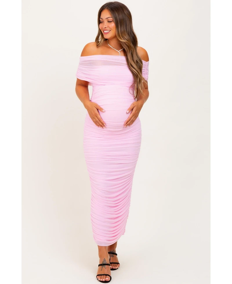 Pinkblush Maternity Light Pink Ruched Mesh Foldover Off Shoulder Maxi Dress