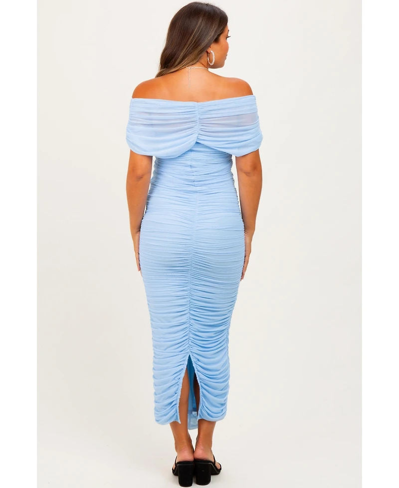 Pinkblush Maternity Light Pink Ruched Mesh Foldover Off Shoulder Maxi Dress