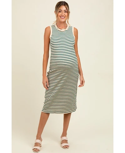Pinkblush Maternity Deep Teal Striped Ribbed Knit Sleeveless Midi Dress