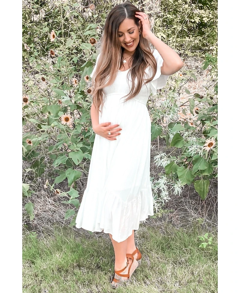 Pinkblush Maternity Ivory Smocked V-Neck Midi Dress