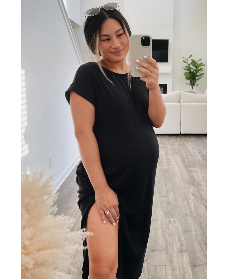 Pinkblush Maternity Black Ribbed Curved Hem Midi Dress