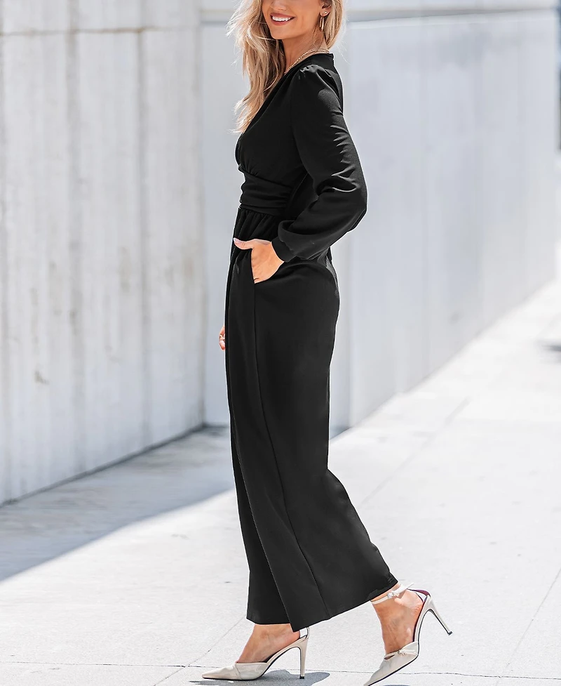 Cupshe Women's Plunging Long Sleeve Wide Leg Jumpsuit