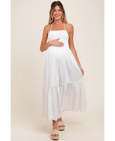 Pinkblush Maternity White Smocked Open Back Lace Hem Maxi Dress