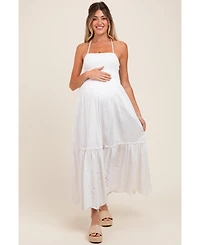 Pinkblush Maternity White Smocked Open Back Lace Hem Maxi Dress